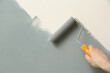 © New Africa - Man applying grey paint with roller brush on white wall, closeup