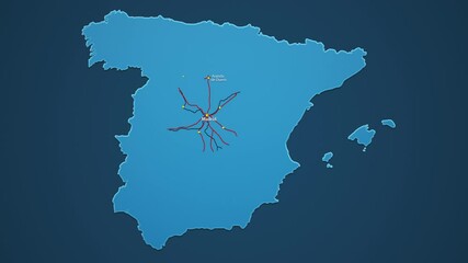 light blue map of spain with cities, roads and railways on a dark blue background. 4k animation with
