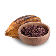 Cacao Nibs Are A Piece Of Broken Cocoa Beans In A Wooden Bowl And Cocoa Pod Isolated On White Background