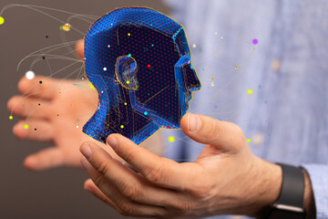 Poster - Abstract polygonal human face, 3d illustration of a cyborg head construction