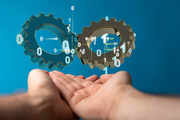 Poster - Business, Internet and technology concept. Business select gear icon on virtual screen/