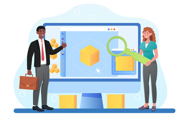 Poster - blockchain market, cryptocurrency exchange process, cubic blocks connected into chain, business peop