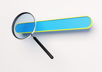 Poster - Search box with magnifying glass. three-dimensional magnifying glass. Blue search bar on white background. Internet search metaphor. Search for information while surfing Internet. 3d images.