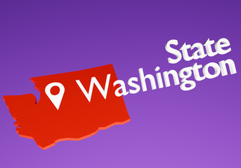 Wall Mural - Washington State in United States. Fragment of map of United States. Silhouette of Washington map. USA capital logo. Washington region in America. Geographical label on purple background. 3d image