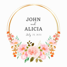 Save The Date Watercolor Pink Floral Wreath With Golden Circle