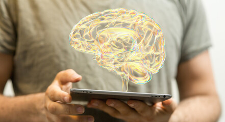 Leinwandbilder - Human brain digital illustration. Electrical activity, flashes and lightning on a blue background.