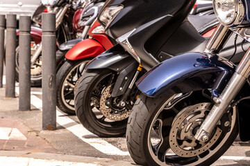 Sticker - Closeup shot of modern classic motorbikes in a street