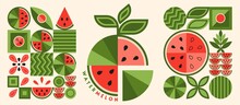 Set Of Watermelon Elements And Logo In Simple Geometric Forms. Abstract Shapes. Good For Decoration Of Food Package, Cover Design, Decorative Print, Background.