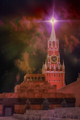 Fototapete - Spasskaya clock tower and Mausoleum of Kremlin in Red square Moscow, Russia. Lighting on a star at the tower illuminates night buildings. Collage.