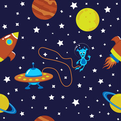  Seamless  Pattern of space rocket, flying saucer, alien and planets. Starry sky. vector. galaxy