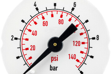 A macro photo of a pressure gauge scale to 10 BAR showing a pressure of 0 PSI BAR, isolated on a white background.