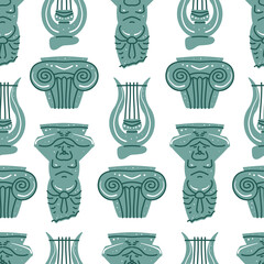 Seamless pattern with classic antique marble statue of man, column, harp. Mythical, ancient greek style. Trendy vector illustration. Background, wallpaper. Contemporary arts.