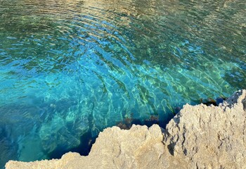 Wall Mural - Sea blue turquoise waves on rocky coast. Rippled glittering water surface. Crystal clear ocean. Summer dream. Tropical paradise. Beautiful azure calm seascape. Clean aqua. Rocky Mediterranean coast.