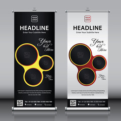 Wall Mural - Roll up vertical business banner design template with red yellow black white color 3 image circles concept