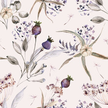 Boho Flowers Watercolor Seamless Paper For Fabric, Dried Floral Repeat Pattern, Beige And Purple Floral Rustic Background
