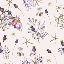 Moths And Boho Flowers Watercolor Seamless Paper For Fabric, Dried Floral Repeat Pattern, Beige And Purple Floral Rustic Background