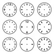 © darsi - Clock face icon set, watch dial with numbers, black isolated on white background, vector illustration.