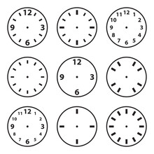 Clock Face Icon Set, Watch Dial With Numbers, Black Isolated On White Background, Vector Illustration.
