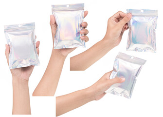 Set of hand holding Aluminum foil bag Plastic Laser Mylar Foil Zip Lock Bag isolated on white background.