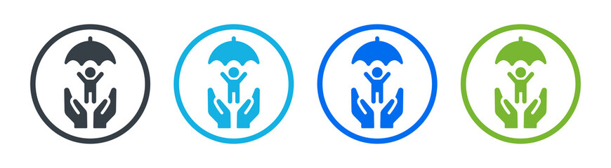 Child protection with hands holding young boy with umbrella icon symbol.