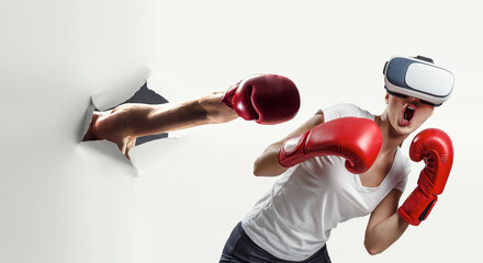 Wall Mural - Young woman boxing in VR glasses . Mixed media