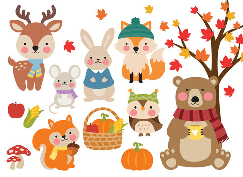Fototapete - Cute fall woodland animals including a bear, deer, fox, mouse, rabbit, squirrel, and owl in sweater, scarves and hats vector illustration. Forest animals in autumn illustration.