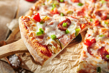 Sticker - Pizza restaurant menu - Meat Pizza on parchment, topped off with meat hot sausage and pepperoni slice. Wooden table with pizza ingredients. Sunlight with harsh shadow. Rustic, natural style food.