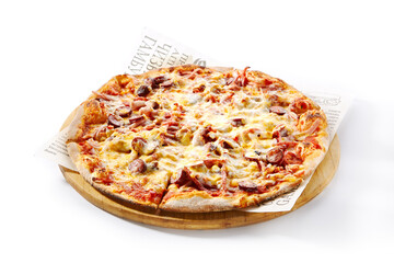 Sticker - Italian Pizza - Traditional Pepperoni Pizza on Wooden Dish made with Sausage Slice, Tomato Sauce and Cheese. Isolated on White Background.