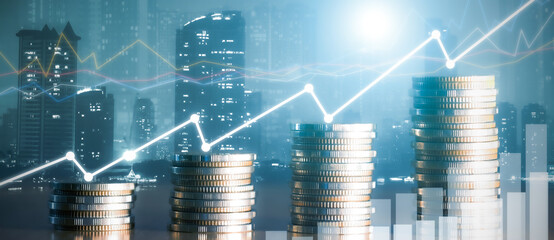 Wall Mural - Financial investment concept, Double exposure of stack of coins and city for finance investor, Forex trading market candlestick chart, Cryptocurrency Digital economy. investing growing.economy trends