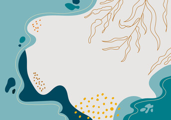 Wall Mural - abstract hand drawn blue organic shape with leaves lines on white background