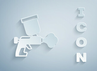 Sticker - Paper cut Paint spray gun icon isolated on grey background. Paper art style. Vector