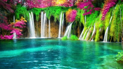 Wall Mural - Seamless Loop Cinemagraph video of waterfall landscape in Plitvice Lakes Croatia, fantasy foliage color . Tranquil nature scenery for relaxation landscape background .