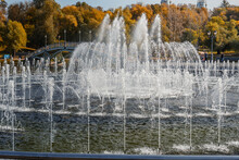 Fountain In Tsaritsyno Park On Autumn Day. Moscow. Russia