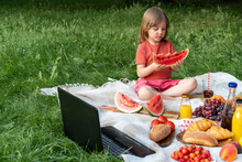 Little Girl Sits On Blanket, Eats Watermelon And Watches Cartoons On A Laptop In The Park. Summer Family Picnic.