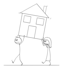 Sticker - Man and Woman Carrying or Moving Family House, Vector Cartoon Stick Figure Illustration