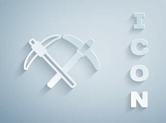 Poster - Paper cut Pickaxe icon isolated on grey background. Paper art style. Vector