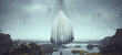 Futuristic Sci Fi Evil Spirit Ghost Woman Floating Over Water with Arms Out in Alien Landscape Mysterious Foggy Abandoned Brutalist Architecture 3d illustration render