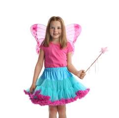 Poster - Cute little girl in fairy costume with pink wings and magic wand on white background