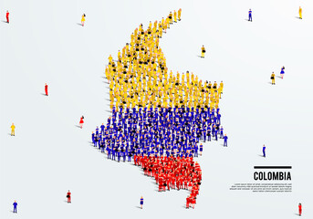 Colombia Map and Flag. A large group of people in the Colombia flag color form to create the map. Vector Illustration.