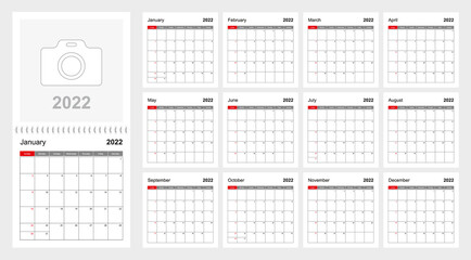 Wall calendar template for 2022 year. Holiday and event planner, week starts on Sunday.