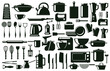 Kitchen cutlery, utensil and cooking tools silhouette elements. Tableware, monochrome culinary tools vector symbols set. Kitchenware cooking silhouettes