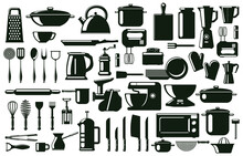 Kitchen Cutlery, Utensil And Cooking Tools Silhouette Elements. Tableware, Monochrome Culinary Tools Vector Symbols Set. Kitchenware Cooking Silhouettes