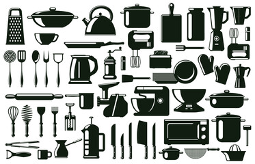 Kitchen cutlery, utensil and cooking tools silhouette elements. Tableware, monochrome culinary tools vector symbols set. Kitchenware cooking silhouettes