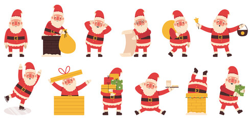 Poster - Santa Claus Christmas winter holiday cute character. Santa mascots carrying gifts, skates, climbs chimney vector illustration set. Xmas funny Santa Claus characters