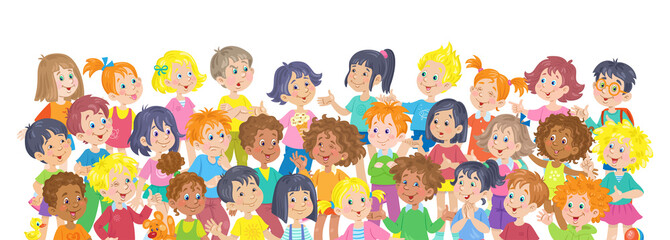 Canvas Print - Multicultural diverse group of children. Kids with different skin and hair colors standing together. Banner in cartoon style. Isolated on white background. Vector illustration.