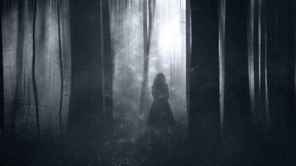Wall Mural - A woman in a dress standing in a magical forest out of focus.  With a grunge, blurred textured edit.