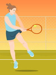 Wall Mural - A girl or woman - a tennis player, holding a tennis racket in his hand on the sports ground, jumping and hitting the ball. Vector sports illustration. Active rest, big tennis.