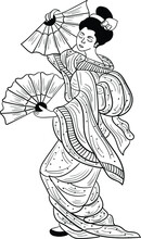 Portrait Of Young Beautiful Japanese Geisha Girl. Wearing A Traditional Kimono. Holding The Fan. Japanese Geisha Girl Vector Black And White Clip Art And Line Art Stock Illustration.