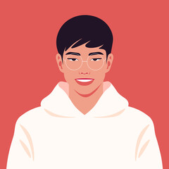 An Asian guy’s face. An avatar of a young businessman. A happy student. Vector flat illustration