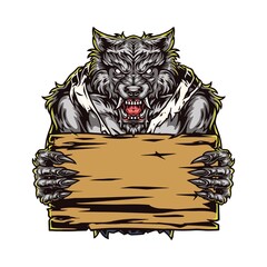Wall Mural - Ferocious werewolf holding blank wooden board